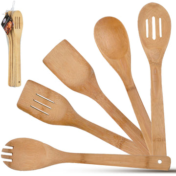Alpine Cuisine Bamboo Utensils 5-Piece Set, Wooden Spoons Utensil Set, Apartment Essentials Premium Quality Wood Spatula Spoon Kitchen Utensil Housewarming Gifts Wooden Utensils for Everyday Use