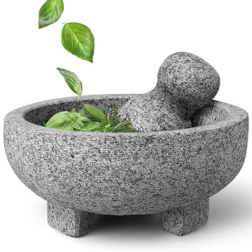 Alpine Cuisine Mortar and Pestle Set - 8 Inch - Unpolished Granite, Spice Grinder Bowl for Salsa, Herb Crusher, Grind and Crush Spices (Granite Molcajete)