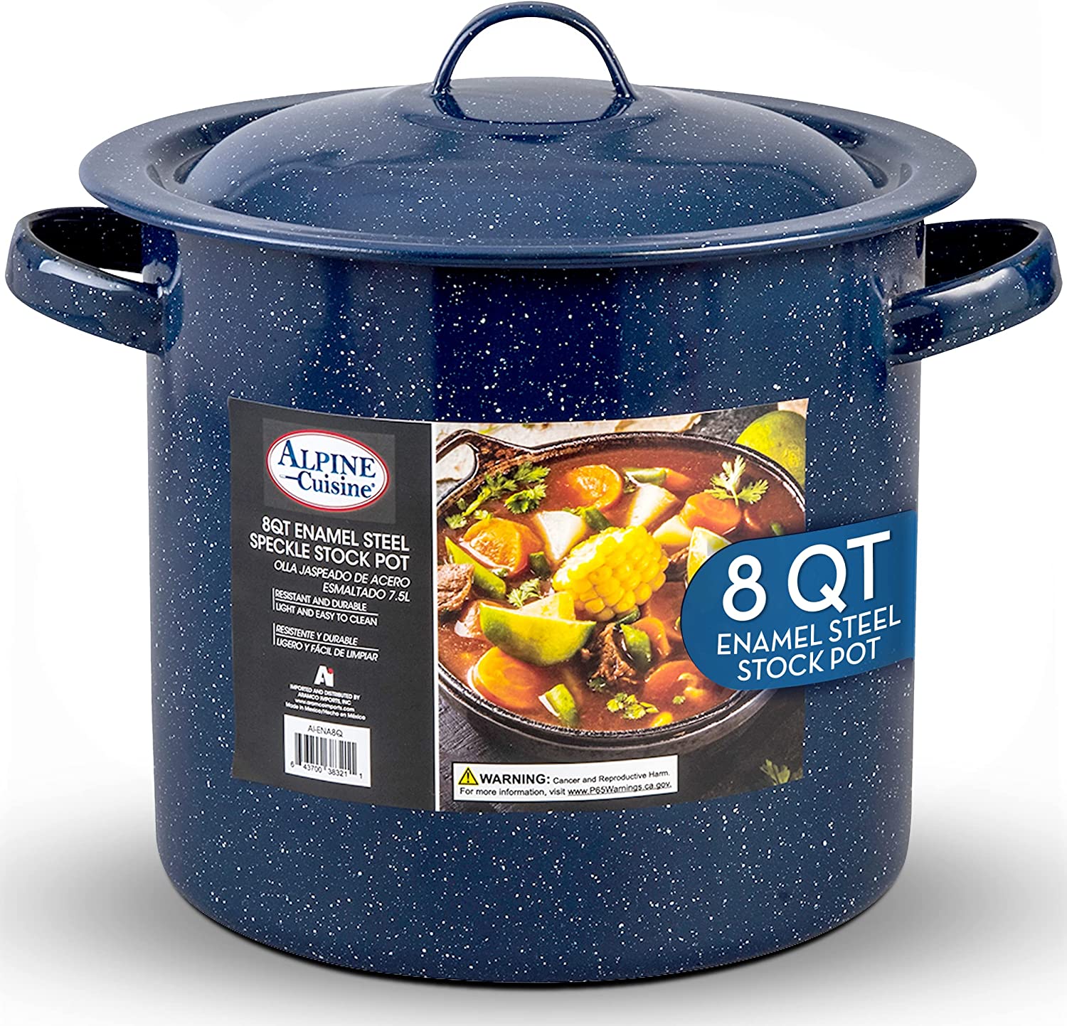 Alpine Cuisine Enamel Steel Dark Blue Speckle Stock Pot 8-qt with Lid,  Healthy Cookware Commercial Grade Stockpots, Multi Cooking Pot for Stew,  Sauce