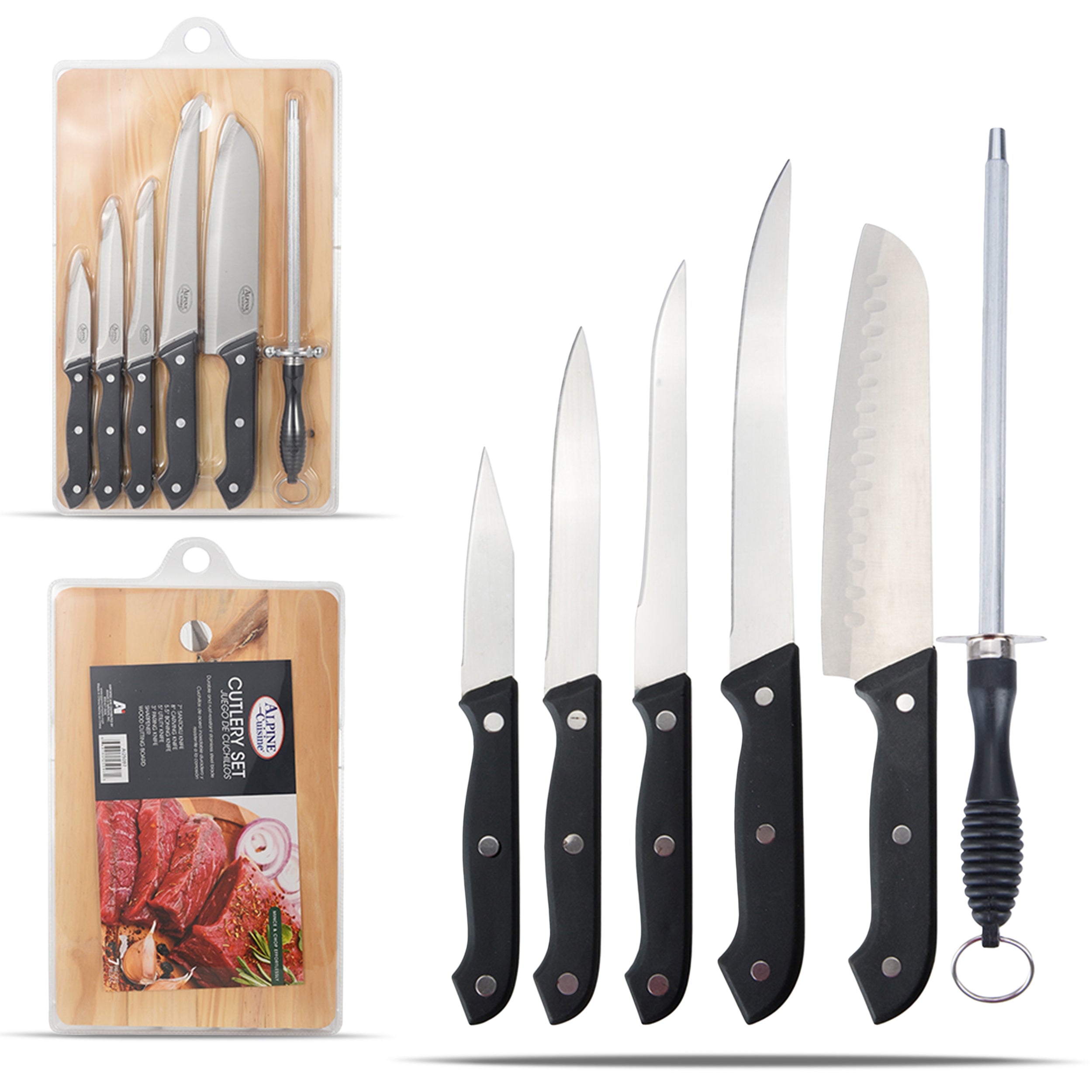 Alpine Cuisine Stainless Steel Cutlery Set 7 Piece with Wood Cutting B