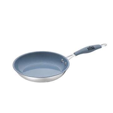 Mauro Kitchen 9.5 Inch Stainless Steel Skillet, Ceramic Nonstick Frying Pan with Heat-Resistant Silicone Handle, Medium Everyday Saute & Egg Pan, Blue
