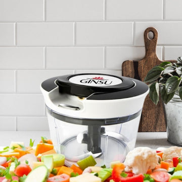 GINSU Compact Manual Food Chopper - Pull String Hand Powered Vegetable Onion Garlic Nuts Salsa Maker - Stainless Steel Blades - Quick & Easy Kitchen Prep Tool - BPA Free
