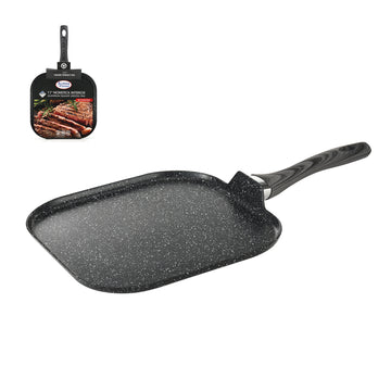 Alpine Cuisine Flat Griddle Pan Aluminum 11 Inch Nonstick with Marble Coating & Wood Like Soft Touch Handle, Heat Resistant & Easy to Clean, Color Sleeve Packing, Suitable for Egg Omelet & Fish -Black