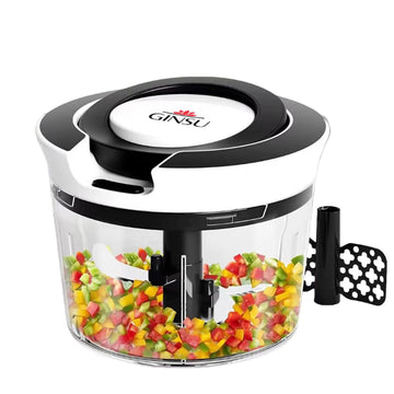 GINSU Compact Manual Food Chopper - Pull String Hand Powered Vegetable Onion Garlic Nuts Salsa Maker - Stainless Steel Blades - Quick & Easy Kitchen Prep Tool - BPA Free