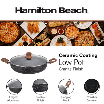 Hamilton Beach 8.5 Quart Nonstick Marble Coating Even Heating Round Dutch Oven Pot with Glass Lid and Wooden Like Soft Touch Handle