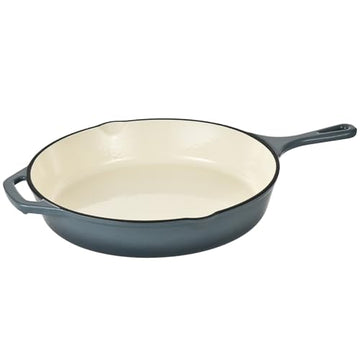 Hamilton Beach Enameled Cast Iron Fry Pan 12-Inch Slate, Cream Enamel Coating, Skillet Pan For Stove top and Oven, Even Heat Distribution, Durable