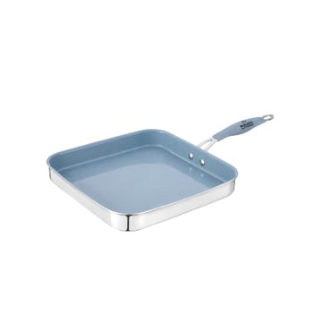 Mauro Kitchen 11-Inch Nonstick Square Griddle Pan, Stainless Steel Flat Top Skillet with Ceramic Non-Stick Coating & Stay-Cool Blue Silicone Handle, Flat Grill Pan for Pancakes & Bacon, Blue