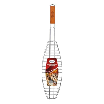 Alpine Cuisine Heavy-Duty 26-Inch Fish Grill Basket with Secure Locking Design, Long Wooden Handle, Nonstick BBQ Grilling Basket for Fish, Seafood & Vegetables