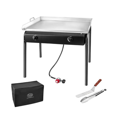 Alpine Cuisine 5-Piece High Pressure Double Burner Griddle Set, 32" Stainless Steel Comal, Propane Stove with 2 Cook Tools & Cover for Camping, Tailgating & BBQ