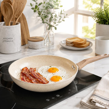 Hamilton Beach 12-Inch Aluminum Forged Fry Pan, Beige Marble Ceramic Nonstick Skillet, Heavy-Duty Scratch-Resistant Frying Pan with Wood Look Handle