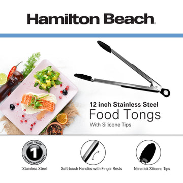 Hamilton Beach Stainless Steel 12in Food Tong with Silicon Top, Serving Tongs for cooking, Spaghetti Spoon with Non-Stick Silicone Tips, Multi-functional Gripper for Cooking, BBQ, & Grilling – Black