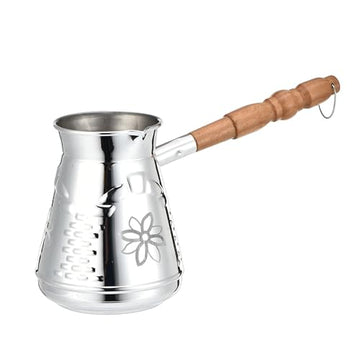 Alpine Cuisine Turkish Coffee Maker 700 ml - Stainless Steel Cezve with Heat-Resistant Wooden Handle, Stovetop Briki Pot for Espresso & Butter Melting, Mirror Polished