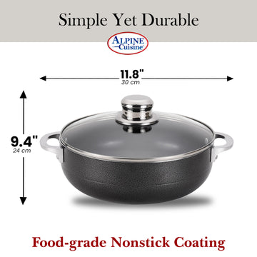 Alpine Cuisine Non-Stick Dutch Oven 3.5 Quart with Glass Lid | Multi-Purpose Aluminum Caldero for Braising - Boiling - Stewing | Nonstick Coating with Black Finish | Ideal for All Serving Sizes Pot