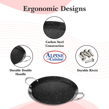 Alpine Cuisine Round Comal Carbon Steel 9.5 Inch Nonstick Coating Black with Durable Double Handle - Comal For Cooking, Even Heating & Versatile Kitchen Cookware Color Label with Bubble Bag Packing
