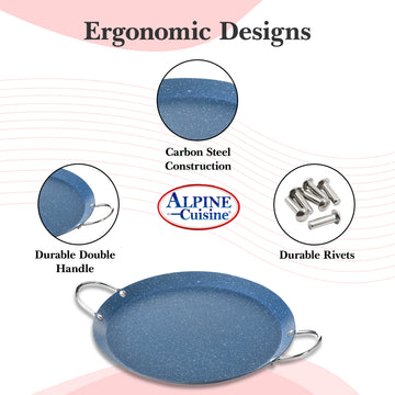 Alpine Cuisine Round Comal Carbon Steel 9.5 Inch Nonstick Coating Blue with Durable Double Handle - Comal For Cooking, Even Heating & Versatile Kitchen Cookware Color Label with Bubble Bag Packing