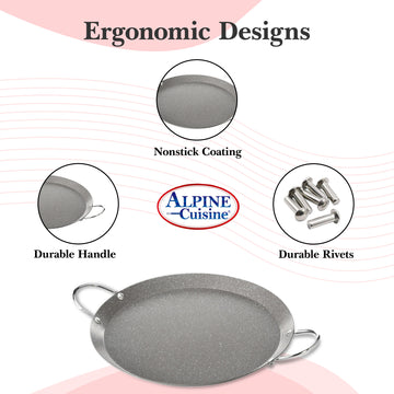 Alpine Cuisine Round Comal Carbon Steel 9.5 Inch Nonstick Coating Dark Grey with Durable Double Handle - Comal For Cooking, Even Heating & Versatile Kitchen Cookware Color Label with Bubble Bag Packing