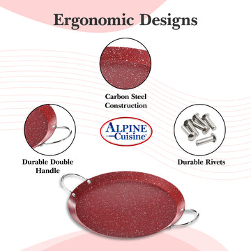 Alpine Cuisine Round Comal Carbon Steel 9.5 Inch Nonstick Coating Red with Durable Double Handle - Comal For Cooking, Even Heating & Versatile Kitchen Cookware Color Label with Bubble Bag Packing