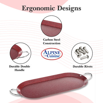 Alpine Cuisine Oval Comal Carbon Steel 17.5x8in Nonstick Coating Red with Durable Double Handle - Comal For Cooking, Even Heating & Versatile Kitchen Cookware Color Label with Bubble Bag Packing