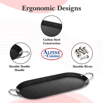 Alpine Cuisine Oval Comal Carbon Steel 17.5x8in Nonstick Coating Black with Durable Double Handle - Comal For Cooking, Even Heating & Versatile Kitchen Cookware Color Label with Bubble Bag Packing
