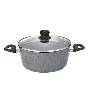 Alpine Cuisine 7.2-Quart Forged Aluminum Dutch Oven with Tempered Glass Lid, Non-Stick Gray Marble Ceramic Coating, Stay-Cool Wood-Look Soft Touch Handles, PFOA-Free Stock Pot for All Stovetops