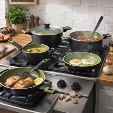 Alpine Cuisine 8-Piece Forged Aluminum Nonstick Cookware Set with Glass Lids, Induction-Ready Pots & Fry Pans, Soft-Touch Handles, Green