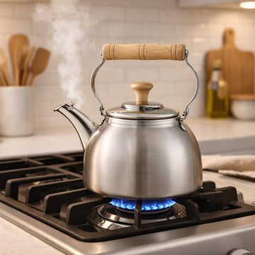 Alpine Cuisine 2L Whistling Tea Kettle - Stainless Steel Stovetop Water Boiler with Stay-Cool Wood Handle - For Tea, Coffee & Hot Water
