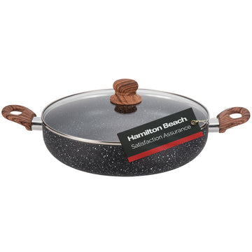 Hamilton Beach 8.5 Quart Nonstick Marble Coating Even Heating Round Dutch Oven Pot with Glass Lid and Wooden Like Soft Touch Handle