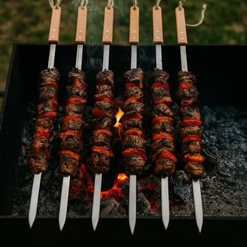 Alpine Cuisine 22-Inch Flat Stainless Steel BBQ Skewers, Set of 2 Reusable Grilling Skewers with Wooden Handles for Kebab & Shish Kabob