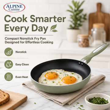 Alpine Cuisine 6.3-Inch Aluminum Fry Pan with Black Ceramic Nonstick Coating, Sage Green Exterior, Ergonomic Heat-Resistant Handle, Small Skillet for Eggs, Omelets & Everyday Cooking