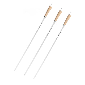 Alpine Cuisine 3-Piece Set of 35-Inch Flat Stainless Steel BBQ Skewers with Wood Handles, Extra-Long Reusable Metal Skewers for Grilling Kabobs and Roasting
