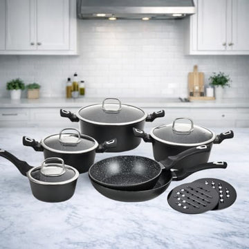 Alpine Cuisine 12-Piece Forged Aluminum Cookware Set - Induction Compatible Nonstick Pots and Pans with 3 Dutch Ovens, Saucepan, Deep Fry Pan, and Bakelite Mats - Black Soft-Touch Handles