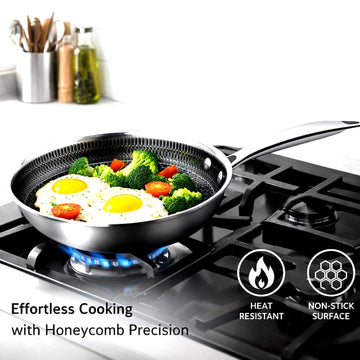 Hamilton Beach 8-Inch SS Honeycomb Fry Pan, Etching Coating Inside, Mirror Polished Stainless Steel Exterior, Nonstick Skillet for Easy Cooking and Cleaning, Durable and Stylish Kitchen Cookware