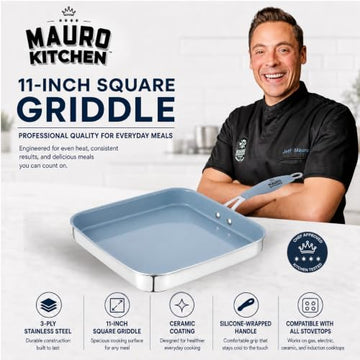 Mauro Kitchen 11-Inch Nonstick Square Griddle Pan, Stainless Steel Flat Top Skillet with Ceramic Non-Stick Coating & Stay-Cool Blue Silicone Handle, Flat Grill Pan for Pancakes & Bacon, Blue