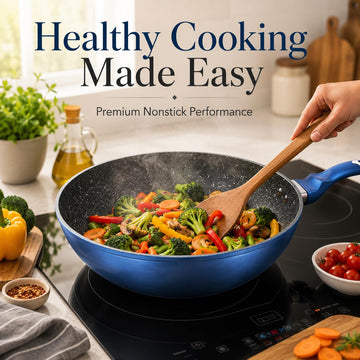 Alpine Cuisine 6-Piece Forged Aluminum Deep Fry Pan Set with Glass Lids, Nonstick Marble Coating, Induction Bottom, Blue