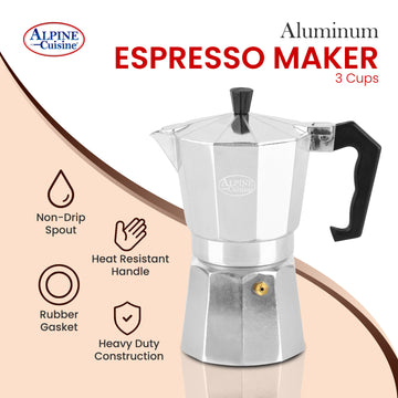 Alpine Cuisine Stovetop Espresso Maker 3 Cup, Moka Pot for Classic Italian and Cuban Coffee Maker, Aluminum Moka Pot, Makes Delicious Coffee, Excellent Camping Coffee Pot - 3 Cup