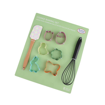Alpine Cuisine 8-Piece Easter Cookie Baking Set, Silicone Spatula & Egg Whisk with 6 Easter Cookie Cutters (Egg, Bunny, Flower, Butterfly, Rose, Bird), Spring Baking Kit