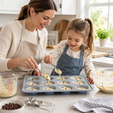 Alpine Cuisine 12-Cup Muffin Pan – Gray Nonstick Ceramic Coating, Oven Safe, Easy Release & Durable Bakeware, Chambray Blue