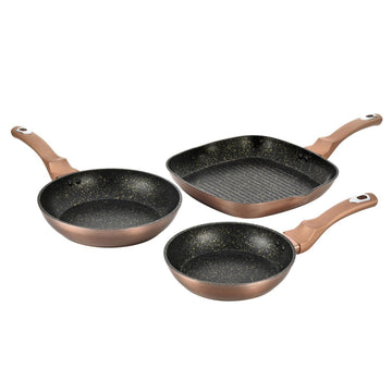 Alpine Cuisine 3-Piece Forged Aluminum Fry Pan Set – Nonstick Black & Gold Interior, Soft-Touch Handles, Includes Grill Pan & Skillet, Durable Heavy-Duty Cookware Set