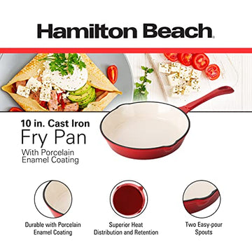 Hamilton Beach Enameled Cast Iron Fry Pan 10-Inch Red, Cream Enamel coating, Skillet Pan For Stove top and Oven, Even Heat Distribution, Safe Up to 400 Degrees, Durable
