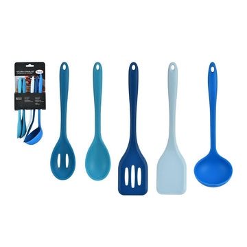 Alpine Cuisine 5-Piece Silicone Kitchen Utensil Set - Heat Resistant Cooking Tools with Slotted Turner, Spatula, Ladle, & Serving Spoons - Tonal Blue