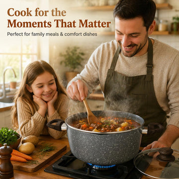 Alpine Cuisine 7.2-Quart Forged Aluminum Dutch Oven with Tempered Glass Lid, Non-Stick Gray Marble Ceramic Coating, Stay-Cool Wood-Look Soft Touch Handles, PFOA-Free Stock Pot for All Stovetops
