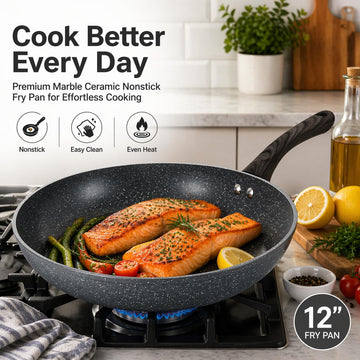 Alpine Cuisine 12-Inch Aluminum Forged Fry Pan, Gray Marble Ceramic Nonstick Coating, Wood-Look Handle, Even Heat Skillet for Healthy Cooking