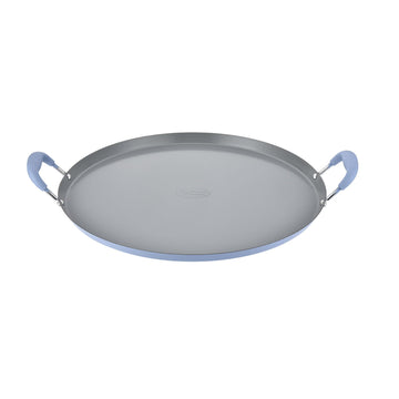 Alpine Cuisine 14-Inch Round Comal Griddle Pan, Ceramic Nonstick Carbon Steel for Tortillas & Crepes, Matte Gray with Chambray Blue Handles