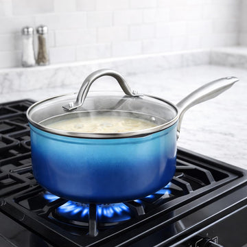 Alpine Cuisine 2.5QT Aluminum Forged Saucepan with Lid – Grey Ceramic Nonstick Coating, PFOA-Free, Tempered Glass Lid, Stainless Steel Handle, Even Heat Cooking Pot for Sauces, Soups & Pasta
