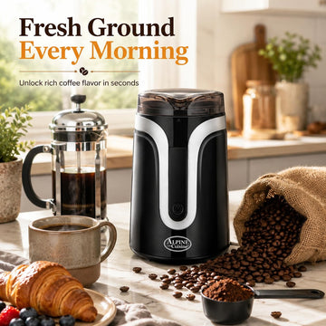 Alpine Cuisine Electric Coffee Bean Grinder with Stainless Steel Sharp Blades & ETL Approval | Makes up to 15 Cups – Black, Plastic Grinder for Kitchen Beans, Spices | One Touch Push-Button Control
