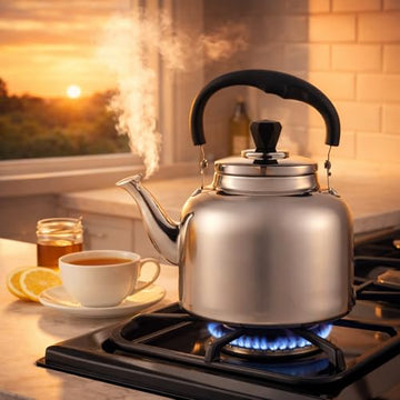 Alpine Cuisine 1.5 L Stainless Steel Whistling Tea Kettle – Compact Stovetop Teapot with Heat-Resistant Black Handle & Knob – Mirror Finish, Durable Water Boiler for Tea & Coffee