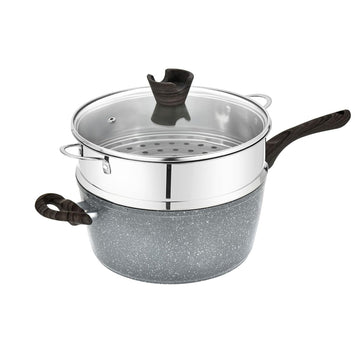 Alpine Cuisine 4.5 Qt Aluminum Forged All-in-One Pan Set, Gray Marble Ceramic Nonstick Coating, Glass Lid & Strainer Insert, Wood-Look Handles, Multipurpose Saucepan for Boiling, Steaming & Cooking