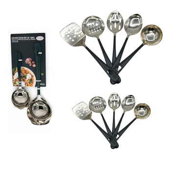 Alpine Cuisine Kitchen Utensil Set – 10 Piece Stainless Steel Cooking Tools with Black Handles – 9” & 13” Spatula, Ladle, Slotted Spoon & Skimmer