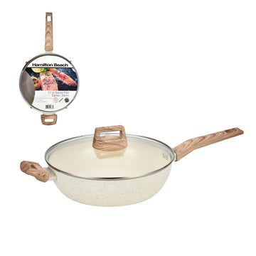 Hamilton Beach 11-Inch Forged Sauté Pan with Glass Lid, Beige Ceramic Nonstick Frying Pan, Heavy-Duty Scratch-Resistant Stone Finish Cookware Skillet