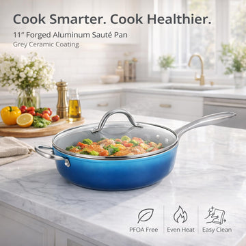 Alpine Cuisine 11-Inch Aluminum Forged Sauté Pan – Gray Ceramic Nonstick Coating, Deep Cooking Skillet with Lid & Stainless Steel Handles, Even Heat Distribution for Sautéing, Frying & Everyday Meals